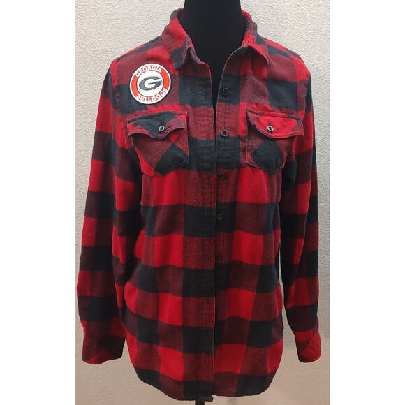 Georgia Bulldogs Women's Small Black Red Plaid Flannel Button Down B5 - Picture 1 of 7